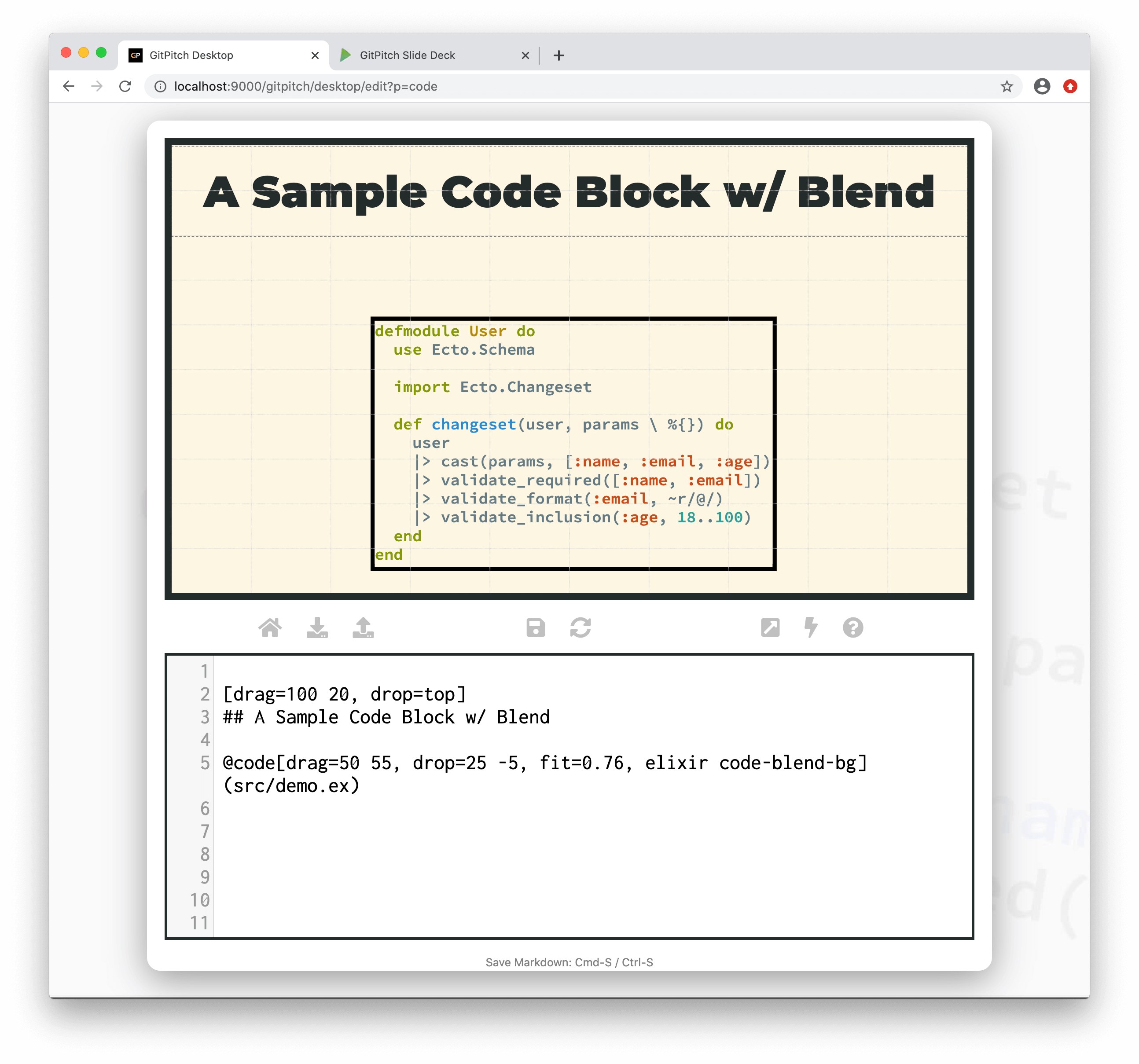 Sample slide demonstrating code blend behavior