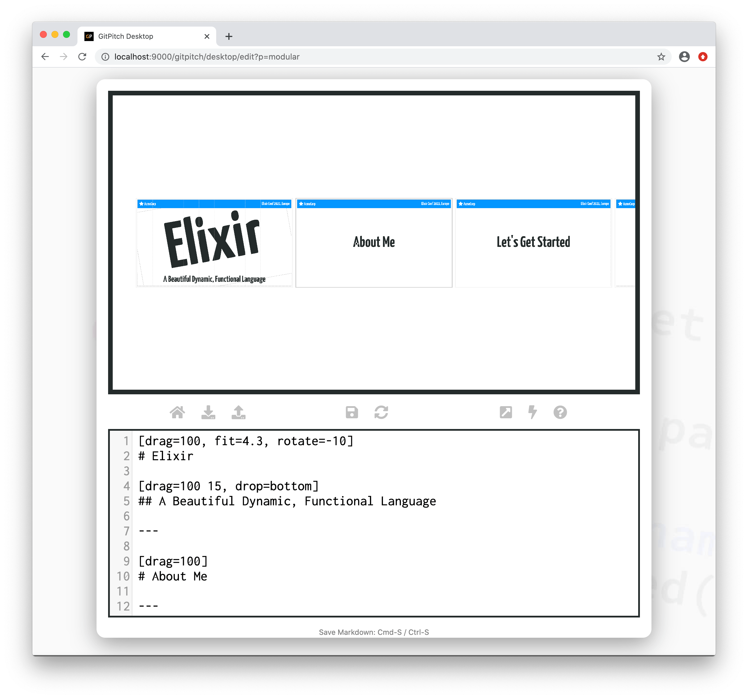 Sample slide demonstrating a markdown template overview