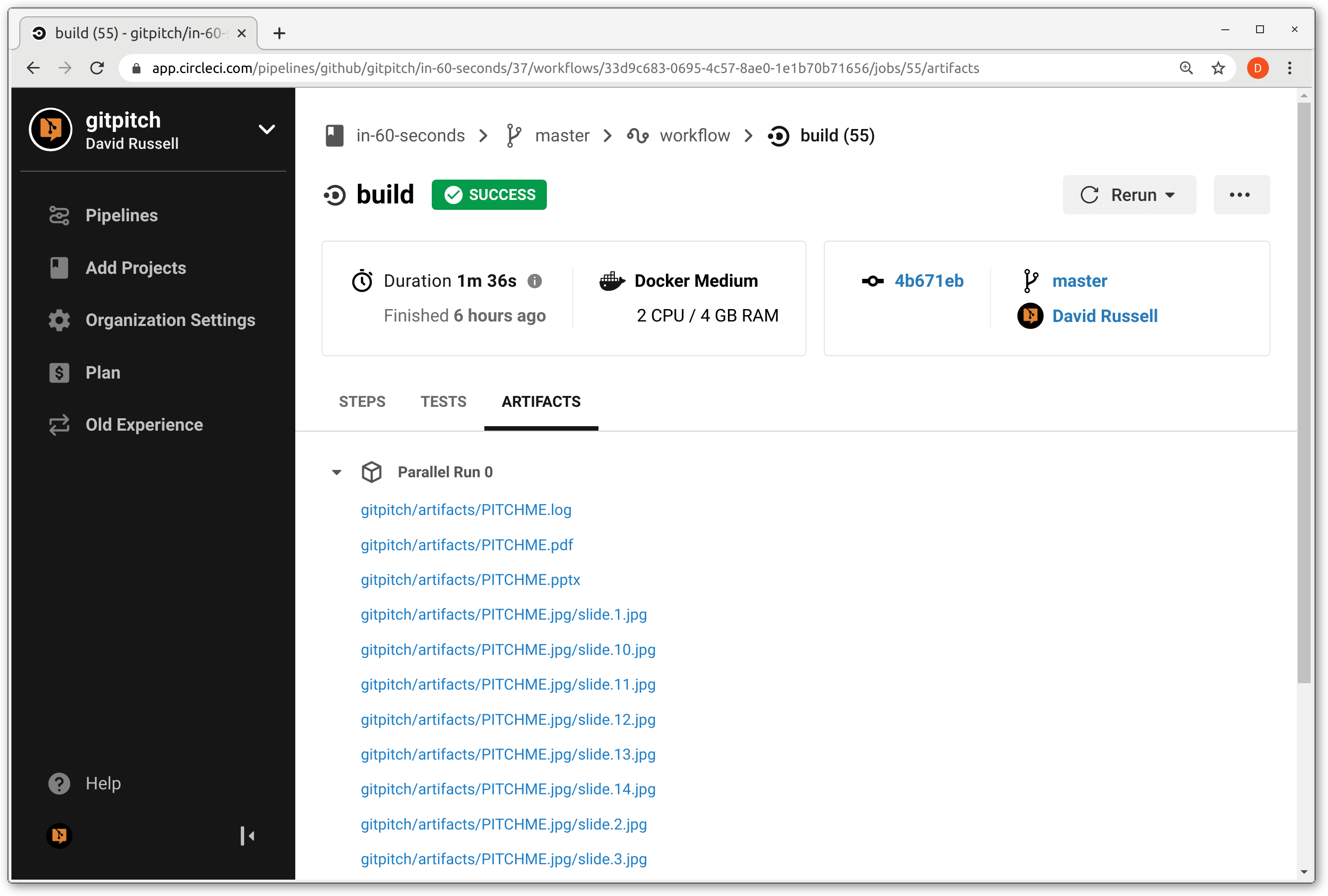 Screenshot showing CircleCI generated artifacts